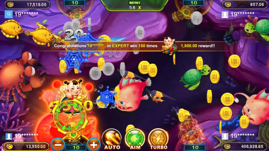 RSG福娃捕魚中景畫面｜魚群爆金幣特效場景