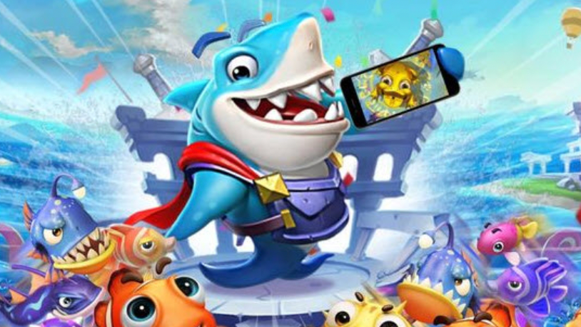 捕魚機遊戲角色鯊魚與小魚群，展現海底射擊捕魚主題