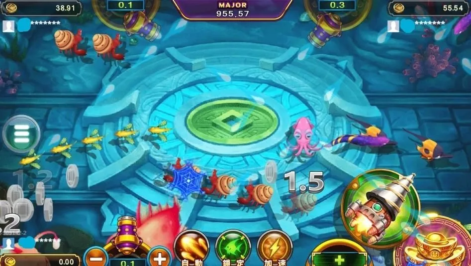 捕魚機遊戲操作介面畫面，顯示砲台控制與魚群射擊的基礎玩法情境